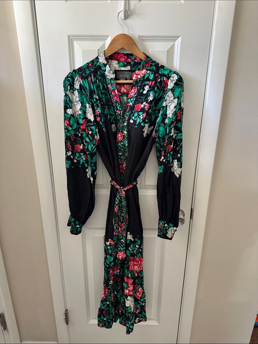 Anthropologie Black Floral Wrap Dress with Green and Pink Accents